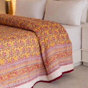 Amber yellow printed floral boho cotton quilt