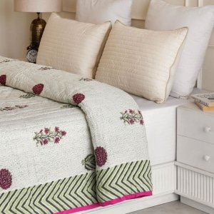 Beige printed floral boho cotton quilt