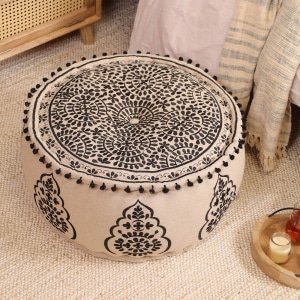 Best sellers Black and beige floral boho ottoman pouf