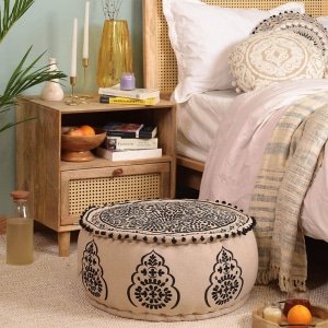 Best sellers Black and beige floral boho ottoman pouf 2