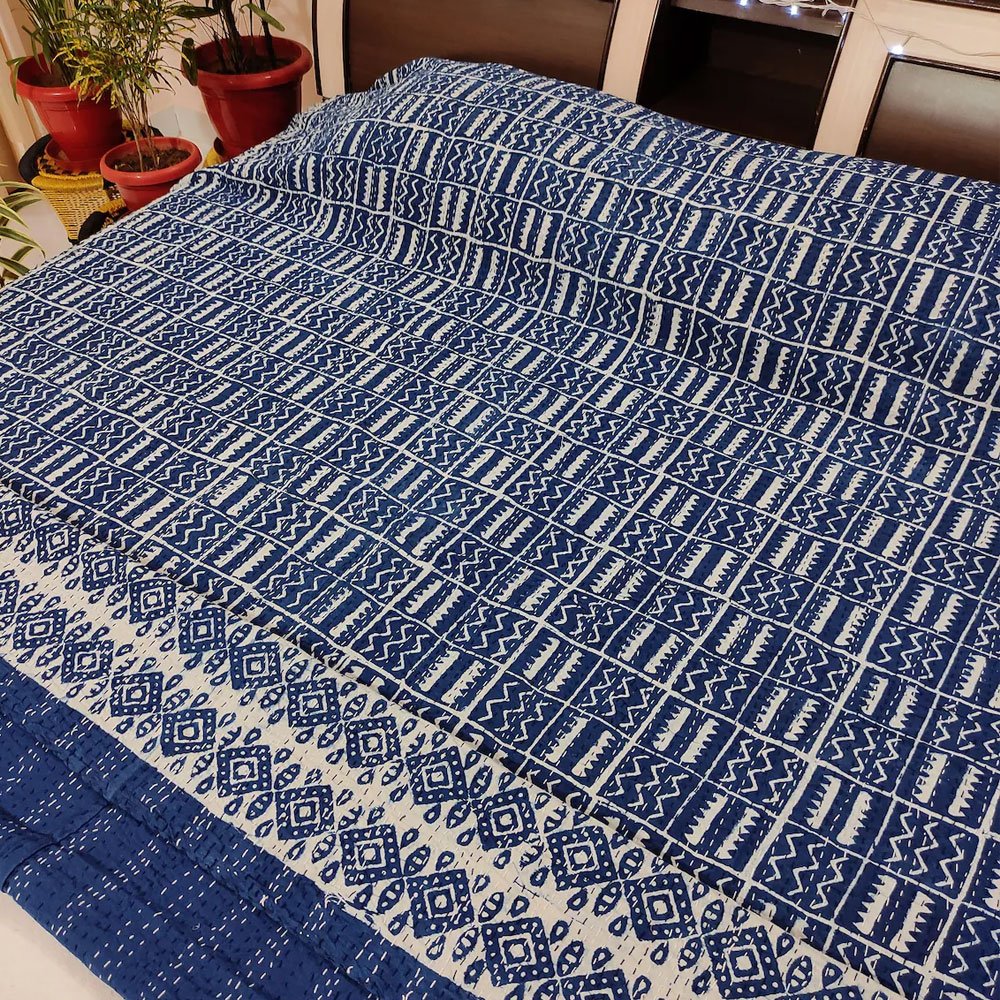Blue checkered boho queen bedspread Blue checkered boho queen bedspread - Image 2