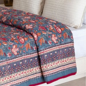 Blue printed floral boho cotton quilt