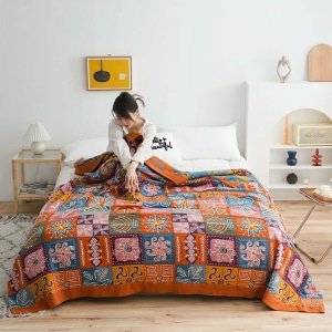 Colorful checkered boho quilted bedspread