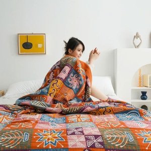 Colorful checkered boho quilted bedspread 2