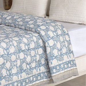 Dusty blue printed floral boho cotton quilt