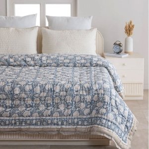 Dusty blue printed floral boho cotton quilt 3