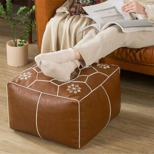 Embroidery square boho leather ottoman