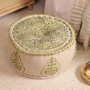 Green and beige floral boho ottoman pouf 1