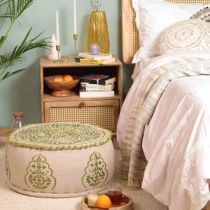 Green and beige floral boho ottoman pouf