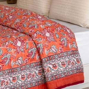 Orange printed floral boho cotton quilt