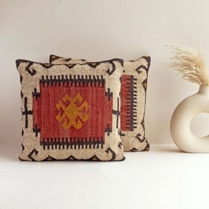 New Arrivals Rust and ivory kilim boho pillows