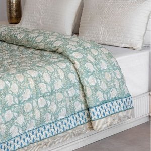 Sage green printed floral boho cotton quilt