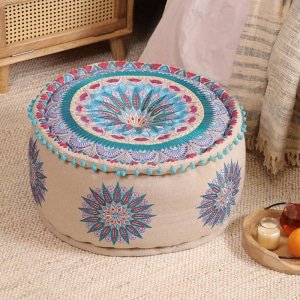 Best sellers Teal and beige floral boho ottoman pouf