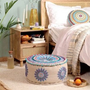 Best sellers Teal and beige floral boho ottoman pouf 2