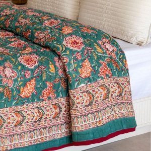 Teal printed floral boho cotton quilt