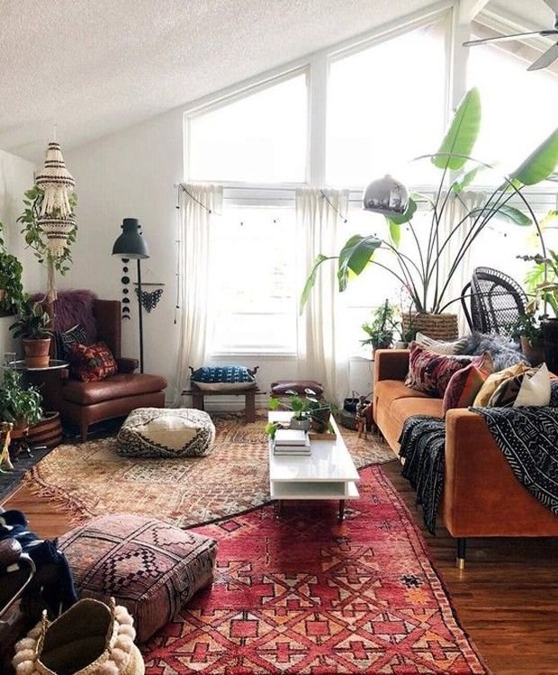 How To Layer Boho Rugs? boho living room with rugs
